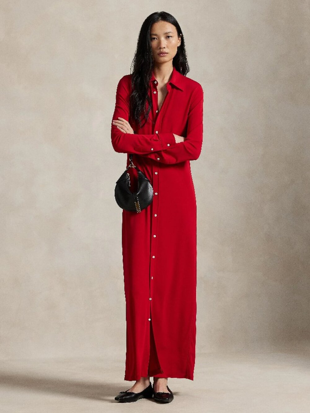 Polo Ralph Lauren Matte Jersey Knit Collared Maxi Shirtdress